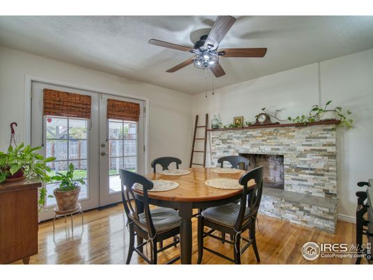 Dining room, Fireplace, Interior, Wood Texture Flooring