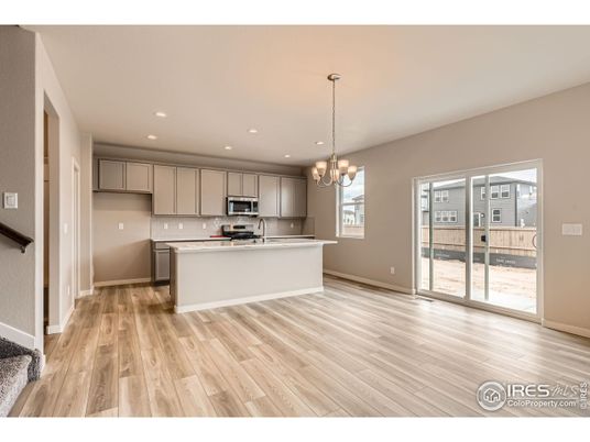 Chandelier, Interior, Kitchen, Recessed Lighting, Stainless Steel Appliances, Wood Texture Flooring