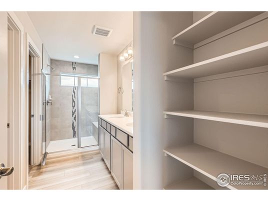 Bathroom, Glass Shower, Interior, Recessed Lighting, Wood Texture Flooring