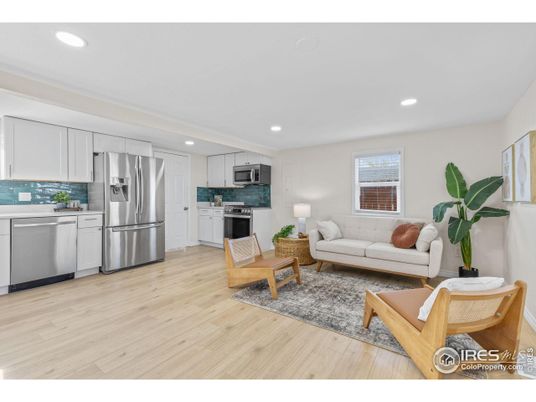 Interior, Kitchen, Living room, Recessed Lighting, Stainless Steel Appliances, Wood Texture Flooring