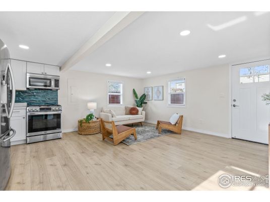 Interior, Kitchen, Living room, Recessed Lighting, Stainless Steel Appliances, Wood Texture Flooring