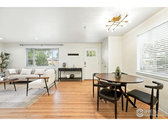 Dining room, Interior, Living room, Recessed Lighting, Wood Texture Flooring