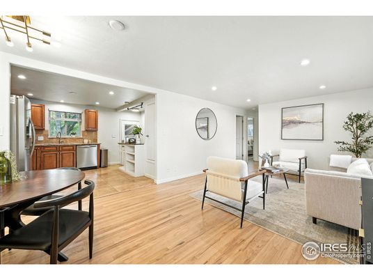 Dining room, Interior, Kitchen, Living room, Recessed Lighting, Stainless Steel Appliances, Wood Texture Flooring