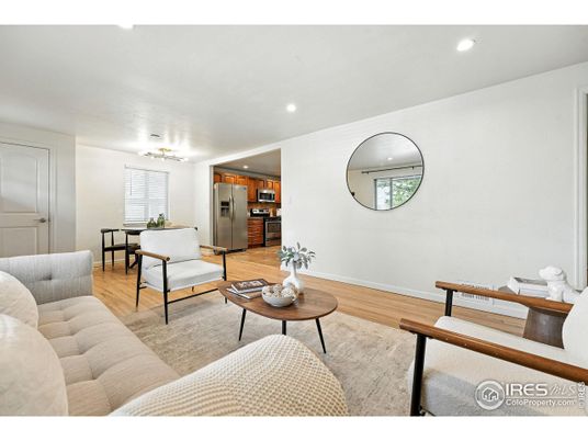 Dining room, Interior, Kitchen, Living room, Recessed Lighting, Stainless Steel Appliances, Wood Texture Flooring