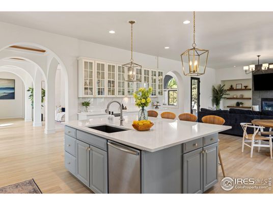 Chandelier, Dining room, Fireplace, Interior, Kitchen, Living room, Pendant Lights, Recessed Lighting, Wood Texture Flooring