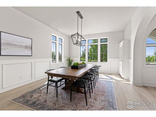 Dining room, Interior, Pendant Lights, Wood Texture Flooring