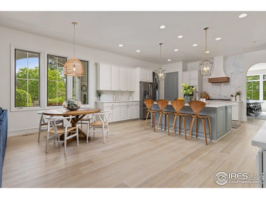 Dining room, Interior, Kitchen, Pendant Lights, Recessed Lighting, Wood Texture Flooring