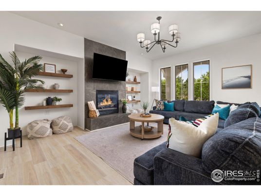 Chandelier, Fireplace, Interior, Living room, Recessed Lighting, Wood Texture Flooring