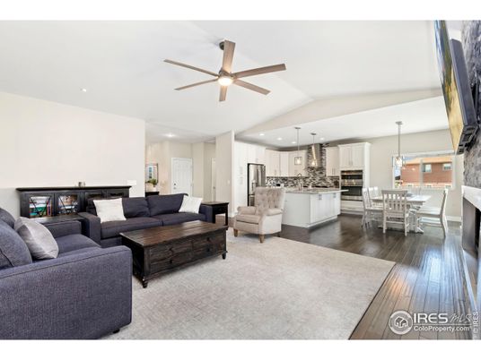 Dining room, Interior, Kitchen, Living room, Pendant Lights, Recessed Lighting, Stainless Steel Appliances, Wood Texture Flooring