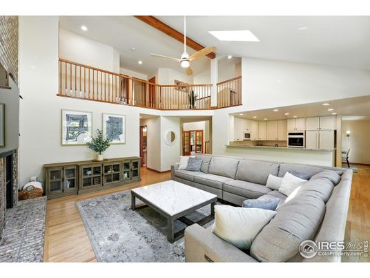 Fireplace, Interior, Kitchen, Living room, Recessed Lighting, Stainless Steel Appliances, Wood Texture Flooring
