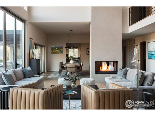 Dining room, Fireplace, Interior, Living room, Pendant Lights, Wood Texture Flooring