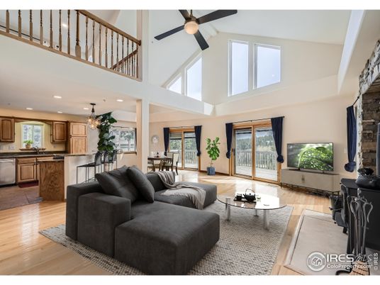 Dining room, Fireplace, Interior, Kitchen, Living room, Recessed Lighting, Wood Texture Flooring