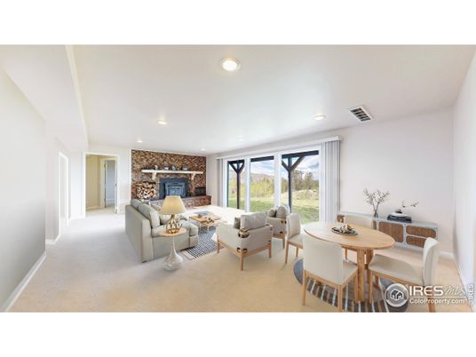 Dining room, Fireplace, Interior, Living room, Recessed Lighting, Stone Walls