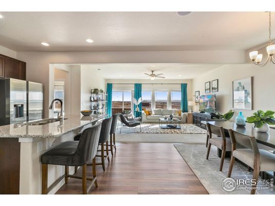 Chandelier, Dining room, Interior, Kitchen, Living room, Recessed Lighting, Stainless Steel Appliances, Wood Texture Flooring