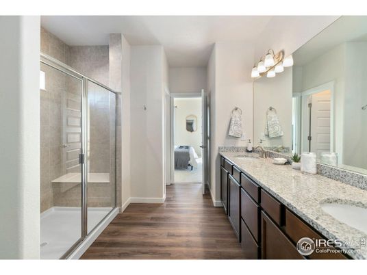 Bathroom, Dual Sink Vanities, Glass Shower, Interior, Wood Texture Flooring