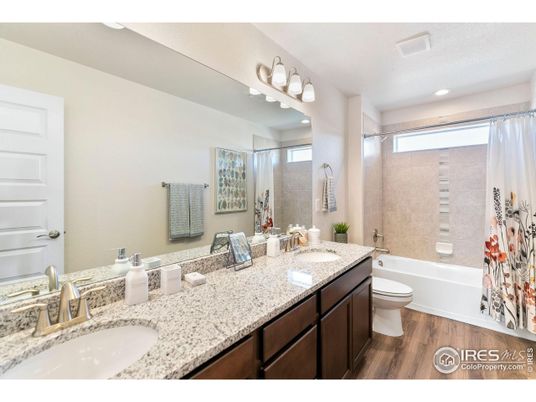 Bathroom, Dual Sink Vanities, Interior, Recessed Lighting, Wood Texture Flooring