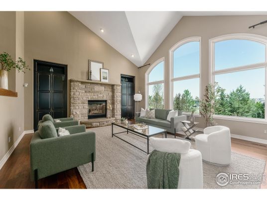 Fireplace, Interior, Living room, Recessed Lighting, Stone Walls, Wood Texture Flooring