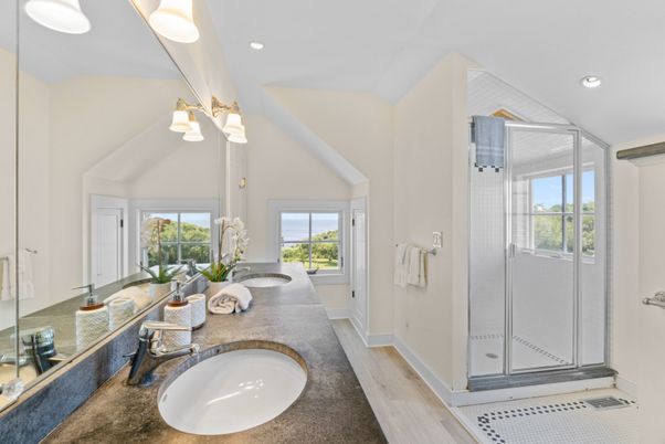 Bathroom, Dual Sink Vanities, Glass Shower, Interior, Recessed Lighting, Wood Texture Flooring