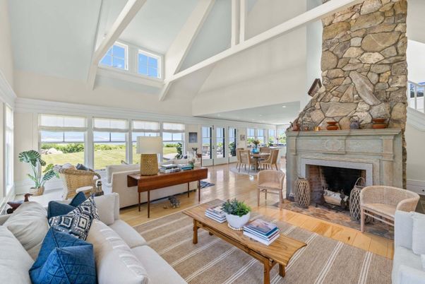 Dining room, Fireplace, Interior, Living room, Stone Walls, Wood Texture Flooring