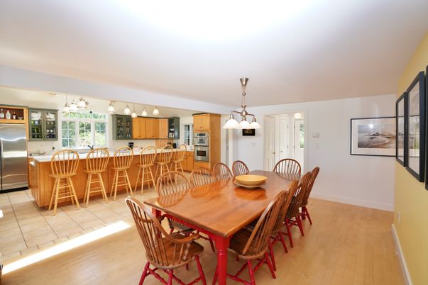 Dining room, Interior, Kitchen, Pendant Lights, Stainless Steel Appliances, Wood Texture Flooring