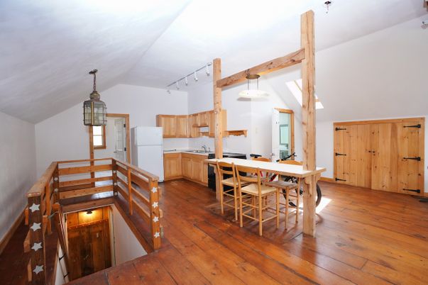 Dining room, Interior, Kitchen, Pendant Lights, Wooden Beams, Wood Texture Flooring