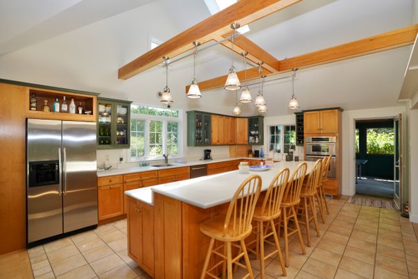 Interior, Kitchen, Pendant Lights, Stainless Steel Appliances, Wooden Beams
