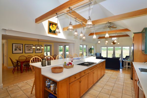 Dining room, Interior, Kitchen, Living room, Pendant Lights, Wooden Beams