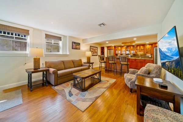 Dining room, Interior, Kitchen, Living room, Recessed Lighting, Wood Texture Flooring