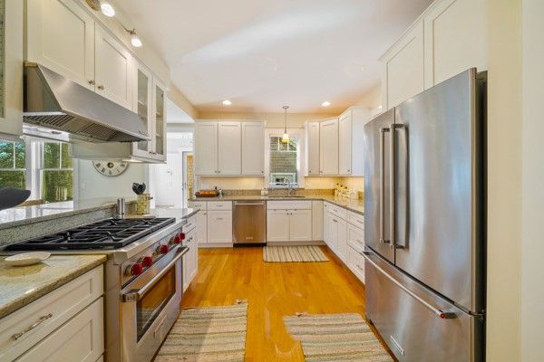 Interior, Kitchen, Pendant Lights, Recessed Lighting, Stainless Steel Appliances, Wood Texture Flooring