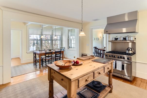 Dining room, Interior, Kitchen, Pendant Lights, Stainless Steel Appliances, Wood Texture Flooring