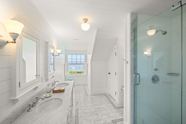 Bathroom, Dual Sink Vanities, Glass Shower, Interior, Marble, Marble Walls