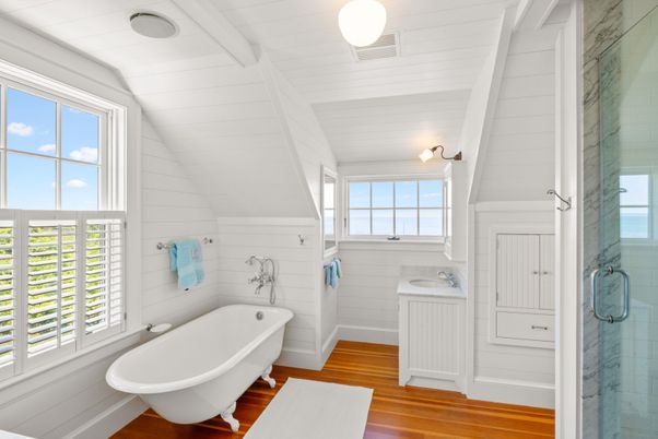 Bathroom, Free Standing Baths, Interior, Marble Walls, Wood Texture Flooring