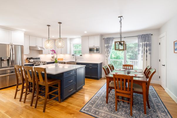 Dining room, Interior, Kitchen, Pendant Lights, Recessed Lighting, Stainless Steel Appliances, Wood Texture Flooring