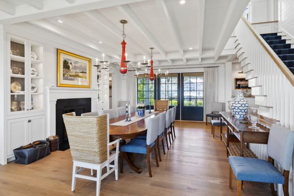 Dining room, Fireplace, Interior, Recessed Lighting, Wood Texture Flooring