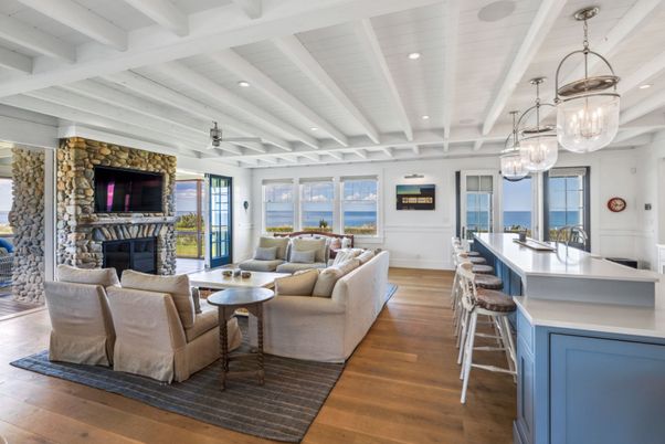 Dining room, Fireplace, Interior, Living room, Pendant Lights, Recessed Lighting, Water, Wood Texture Flooring