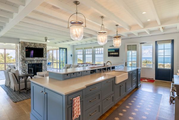 Fireplace, Interior, Kitchen, Living room, Pendant Lights, Recessed Lighting, Water, Wood Texture Flooring