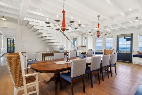 Chandelier, Dining room, Interior, Recessed Lighting, Water, Wood Texture Flooring