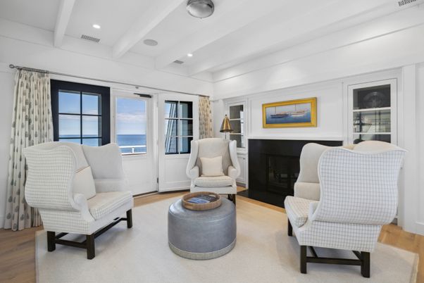 Fireplace, Interior, Living room, Recessed Lighting, Water, Wood Texture Flooring