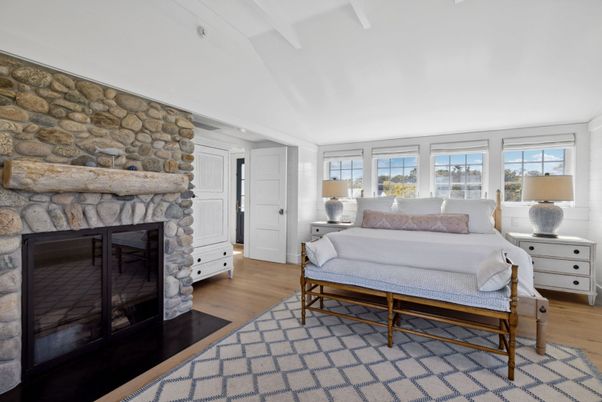 Bedroom, Fireplace, Interior, Stone Walls, Wood Texture Flooring