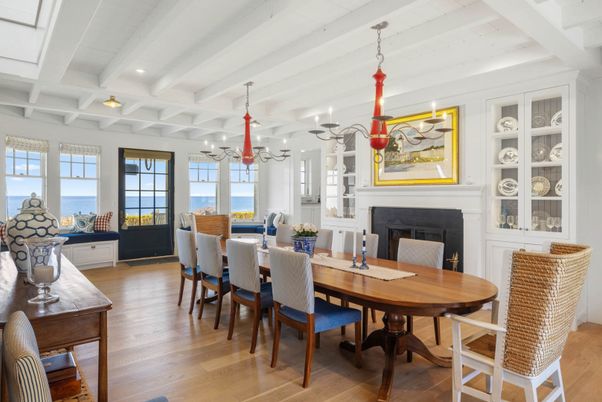 Chandelier, Dining room, Fireplace, Interior, Water, Wood Texture Flooring