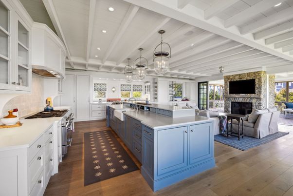 Fireplace, Interior, Kitchen, Living room, Pendant Lights, Recessed Lighting, Wood Texture Flooring