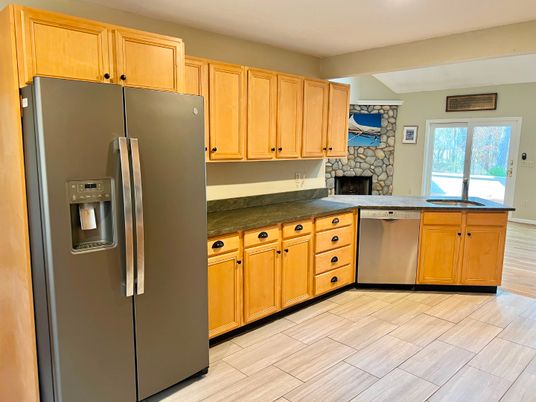 Fireplace, Interior, Kitchen, Wood Texture Flooring