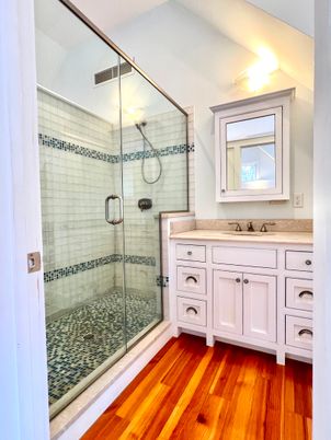 Bathroom, Glass Shower, Interior, Wood Texture Flooring