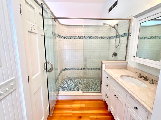 Bathroom, Glass Shower, Interior, Wood Texture Flooring