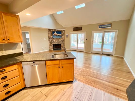 Fireplace, Interior, Kitchen, Recessed Lighting, Stone Walls, Wood Texture Flooring