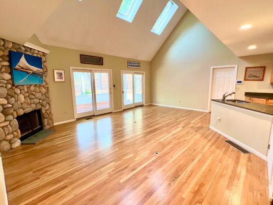 Empty room, Fireplace, Interior, Recessed Lighting, Wood Texture Flooring