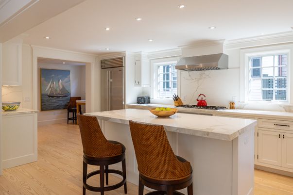 Interior, Kitchen, Marble Walls, Recessed Lighting, Stainless Steel Appliances, Wood Texture Flooring