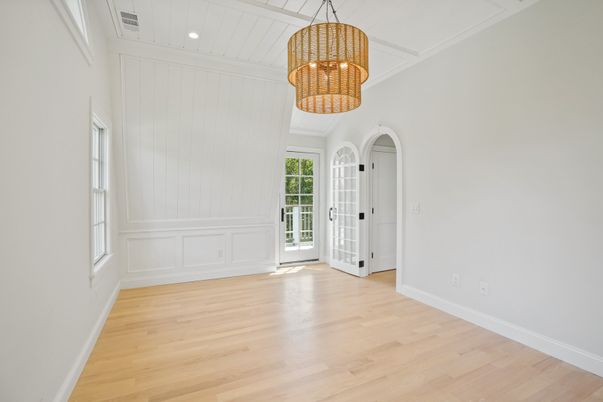 Chandelier, Empty room, Interior, Recessed Lighting, Wood Texture Flooring