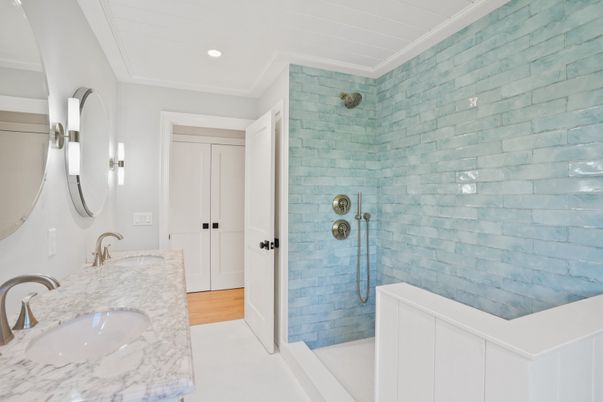 Bathroom, Dual Sink Vanities, Glass Shower, Interior, Recessed Lighting, Wood Texture Flooring