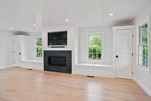 Empty room, Fireplace, Interior, Recessed Lighting, Wood Texture Flooring